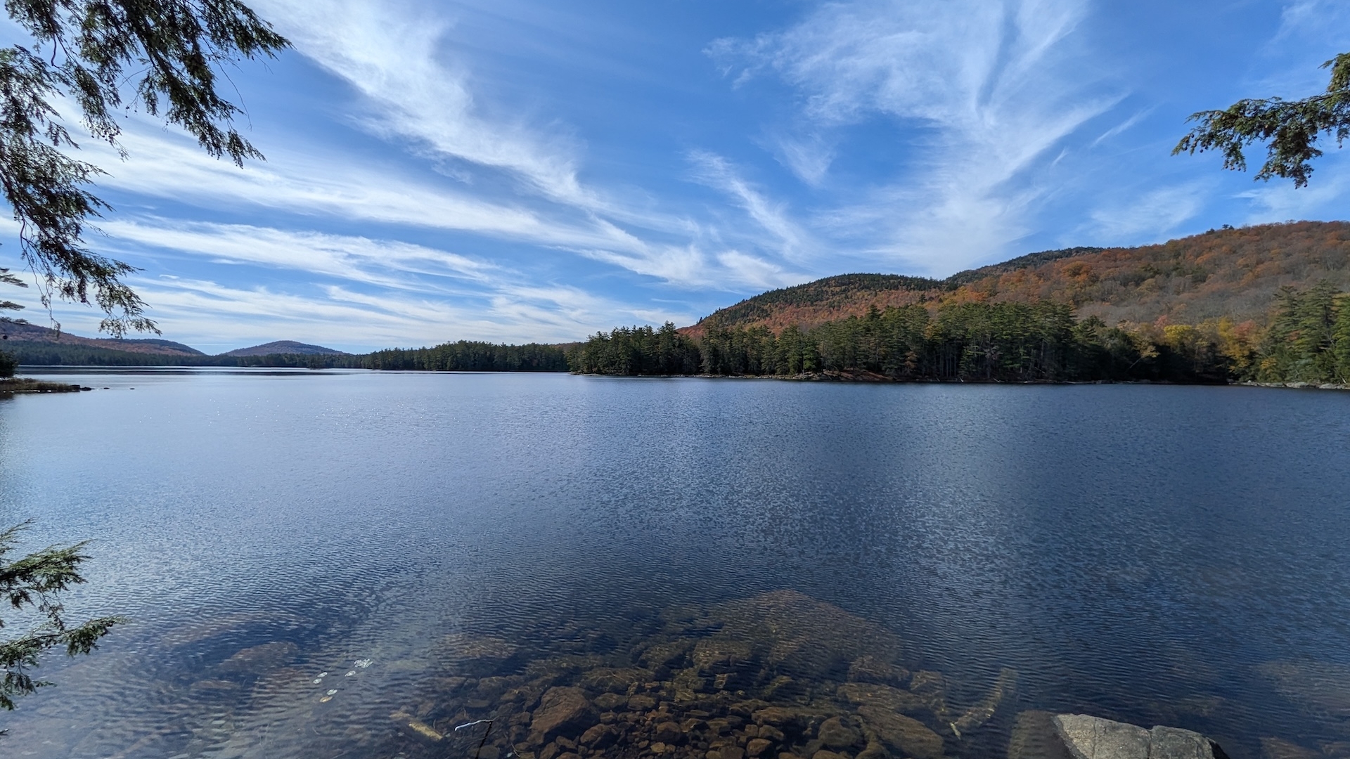 Pharaoh Lake in the fall from lean-to #4, skies clear and trees colorful.