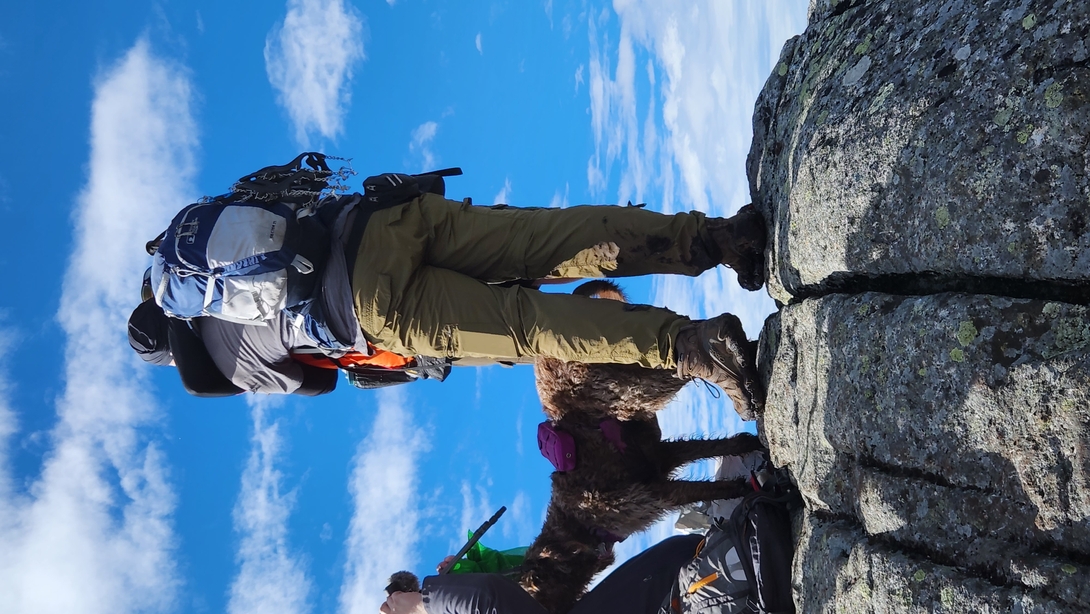 Jay and Mark celebrate becoming Adirondack 46ers on Dix Mountain with Daisy and their fellow hikers.