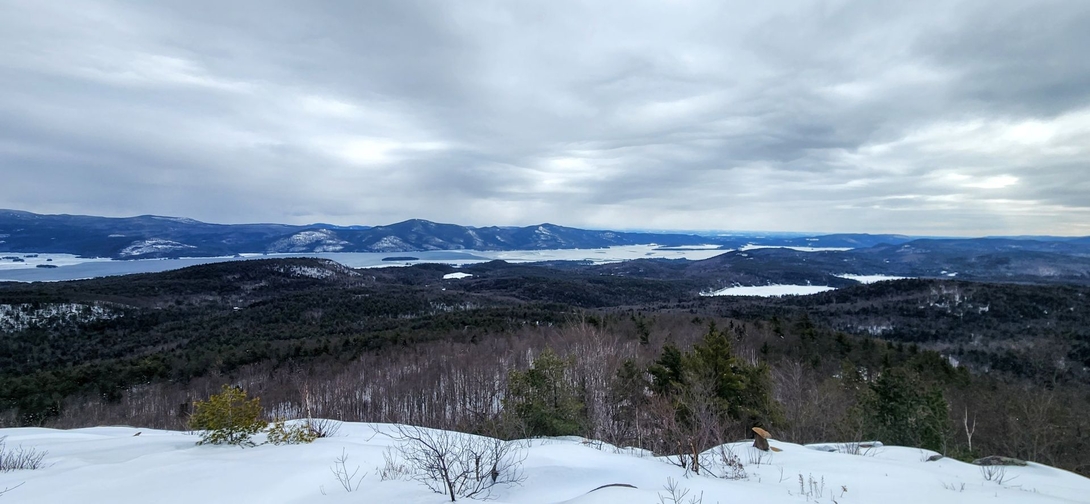 A wintry summit view from Cat Mountain toward Lake George Village.