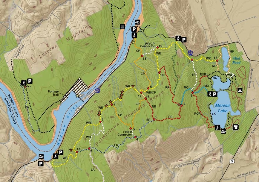 Trail map of Moreau Lake State Park showing the ridge trails, Moreau Lake, Mud Pond, and the Hudson River; the selected loop is described in the accompanying text.