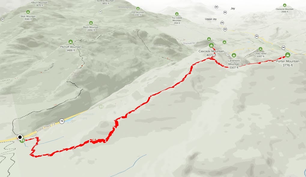 Topographic map of the Cascade and Porter Mountain hiking route; detailed route description follows.