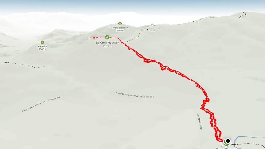 Map of the out-and-back hiking route to Big Crow Mountain; detailed route description follows.