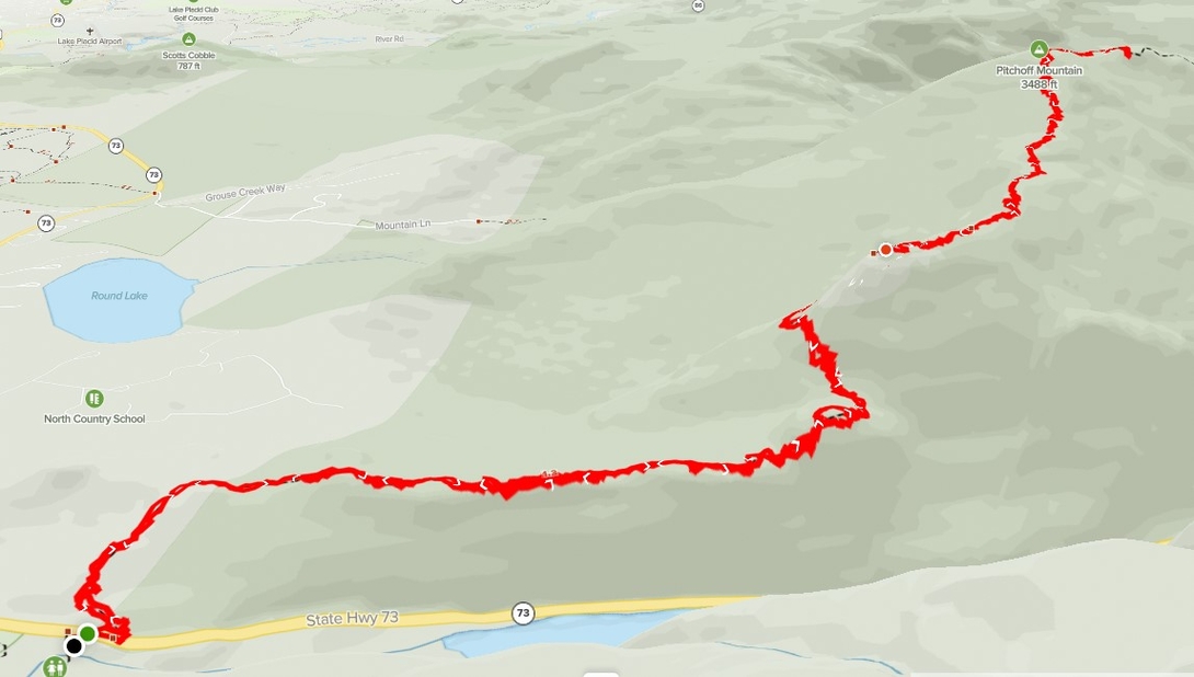 Map of the Pitchoff Mountain hiking route via Balanced Rocks; detailed route description follows.