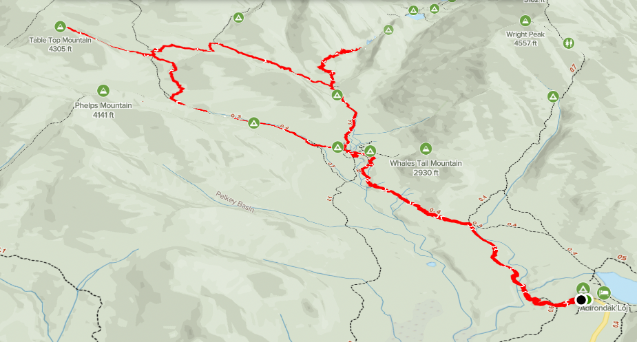 Topographic map of the Table Top Mountain and Avalanche Lake hiking route; detailed route description follows.